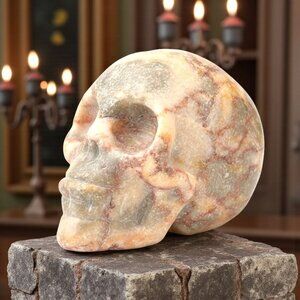 Polished Red & White Marble Skull Figurine - Hand-Carved 2 Inches Tall - Unique